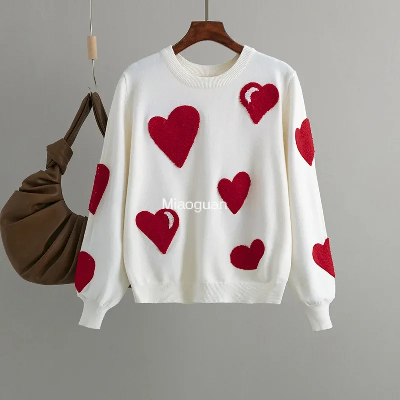 Red Love Heart Flocking Sweater Women O-Neck Fashion Knitted Pullover Long Sleeve Top Black White Spring Autumn Comfortable Lady