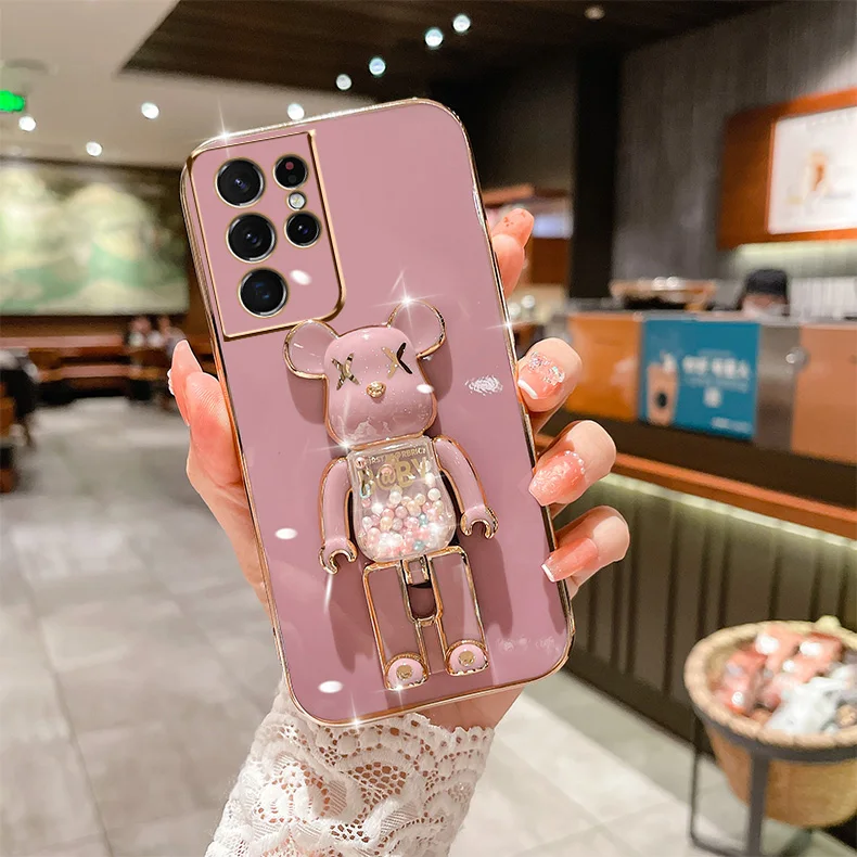 Candy Bead Bear Holder Strap Phone Case For Samsung Galaxy A53 A73 A13 A23 A33 A12 A22 A32 A52 A52S A04 A04S A14 Plating Cover