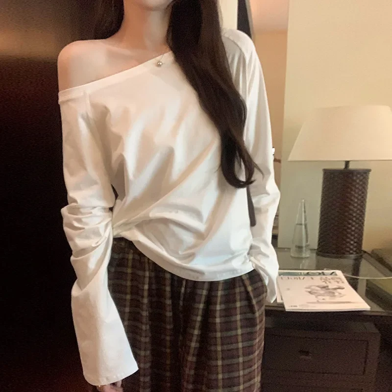 Zhang Hui Yi Same Style One-Character Off-The-Shoulder Long Sleeve T-Shirt Women's 2024 Autumn New Sexy Versatile Top