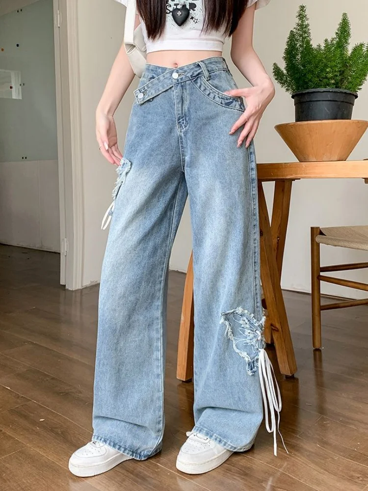 

New Fashion Design Retro Blue Bow Tie Tied Butterfly Jeans For Women's Summer Loose Wide Leg Long Pants