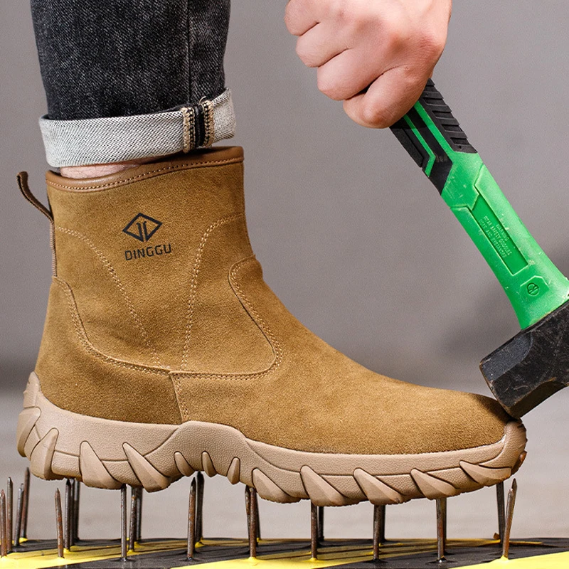 جلد البقر الرجال أحذية عمل أحذية أمان عالية أعلى الجانب سستة السلامة التمهيد مكافحة تحرق أحذية لحام ثقب واقية أحذية الأمن الرجال