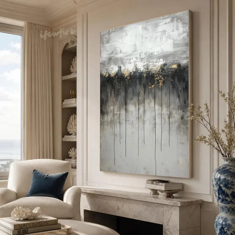 Modern Abstract Oil Painting on Canvas 100% Handmade Black Gold Mural Wall Art Picture for Living Room Decor Creative Image