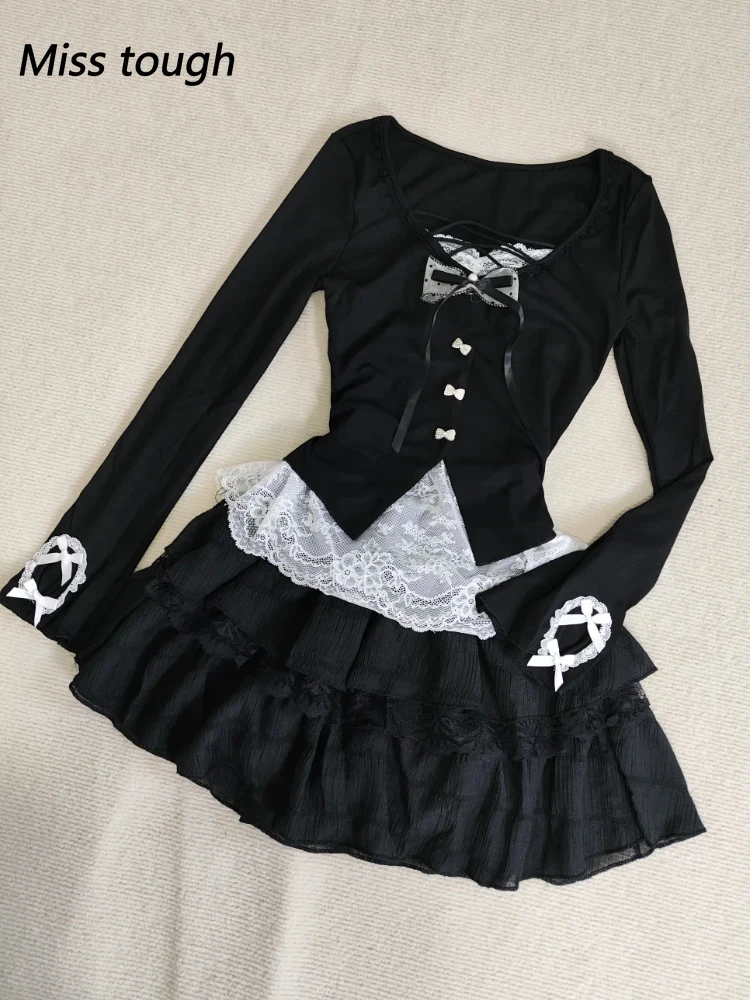 

Винтажный модный комплект из 2 предметов с длинными рукавами, женские сексуальные кружевные топы с бантом Y2k + мини-юбка Harajuku, тонкая корейская популярная одежда, осенняя новинка