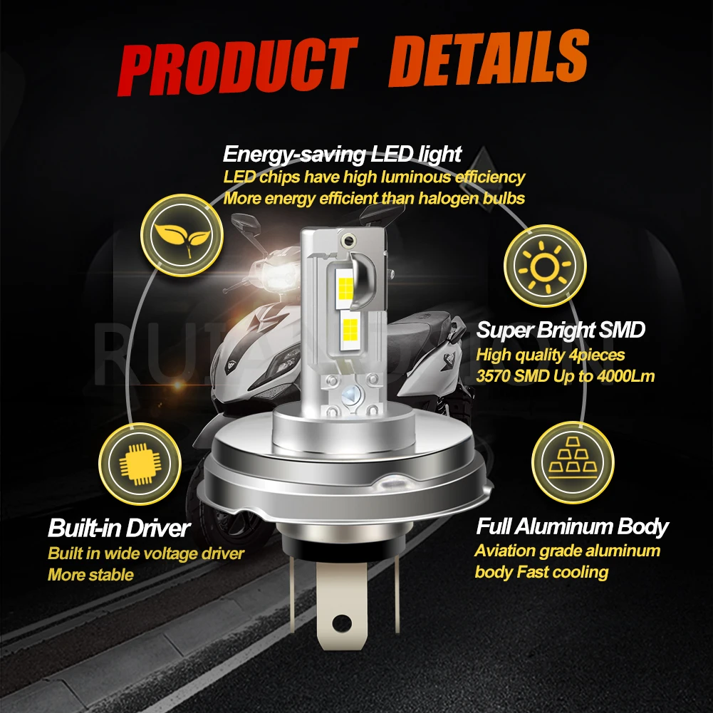 1x Super Bright 4000LM P45T LED 3570Chip Motorcycle Headlight Bulbs R2 LED White Hi/Lo Beam 12V for Scooter Moto Headlamp Yellow
