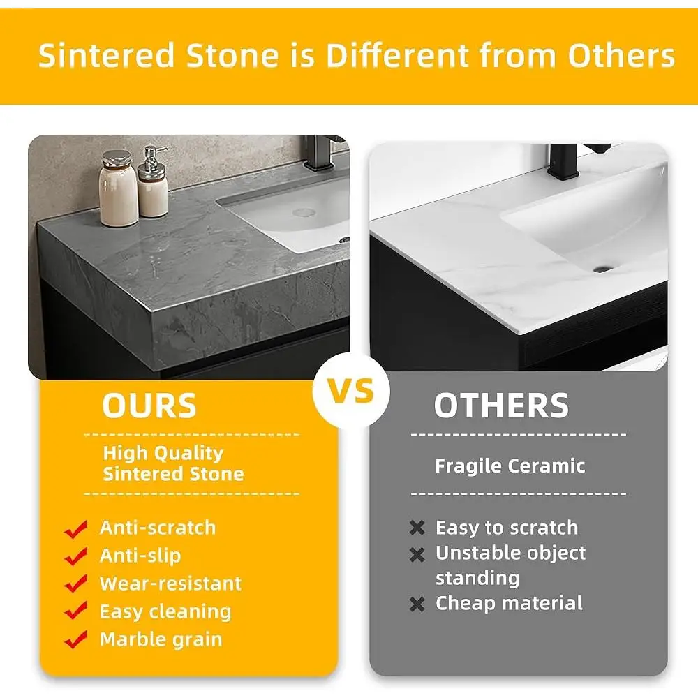 36 Inch Bathroom Vanity with Sink Soft Close Drawers Sintered Stone Countertop Pre-assembled Cabinet Wear-resistant Freestanding