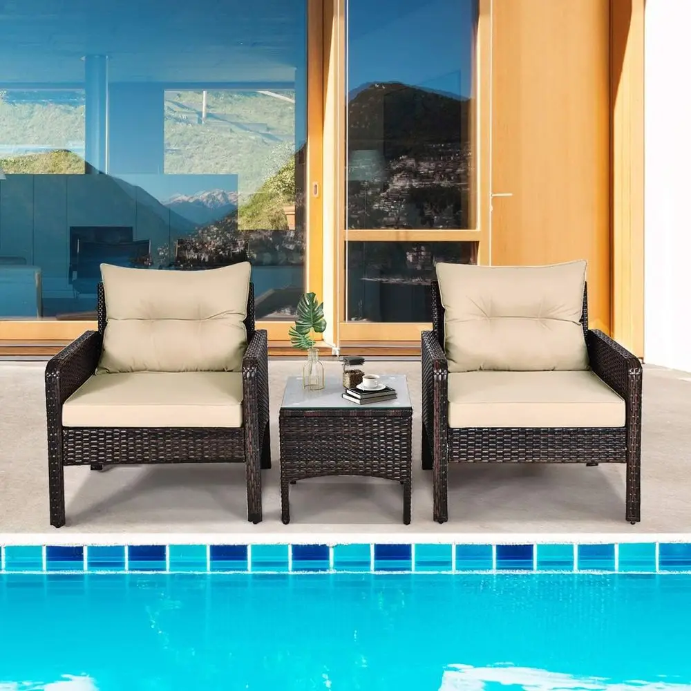 Zestaw mebli ogrodowych: 3-częściowy rattanowy zestaw z wikliny z wyściełanymi siedzeniami, idealny do rozmów na ogrodzie, balkonie i przy basenie.