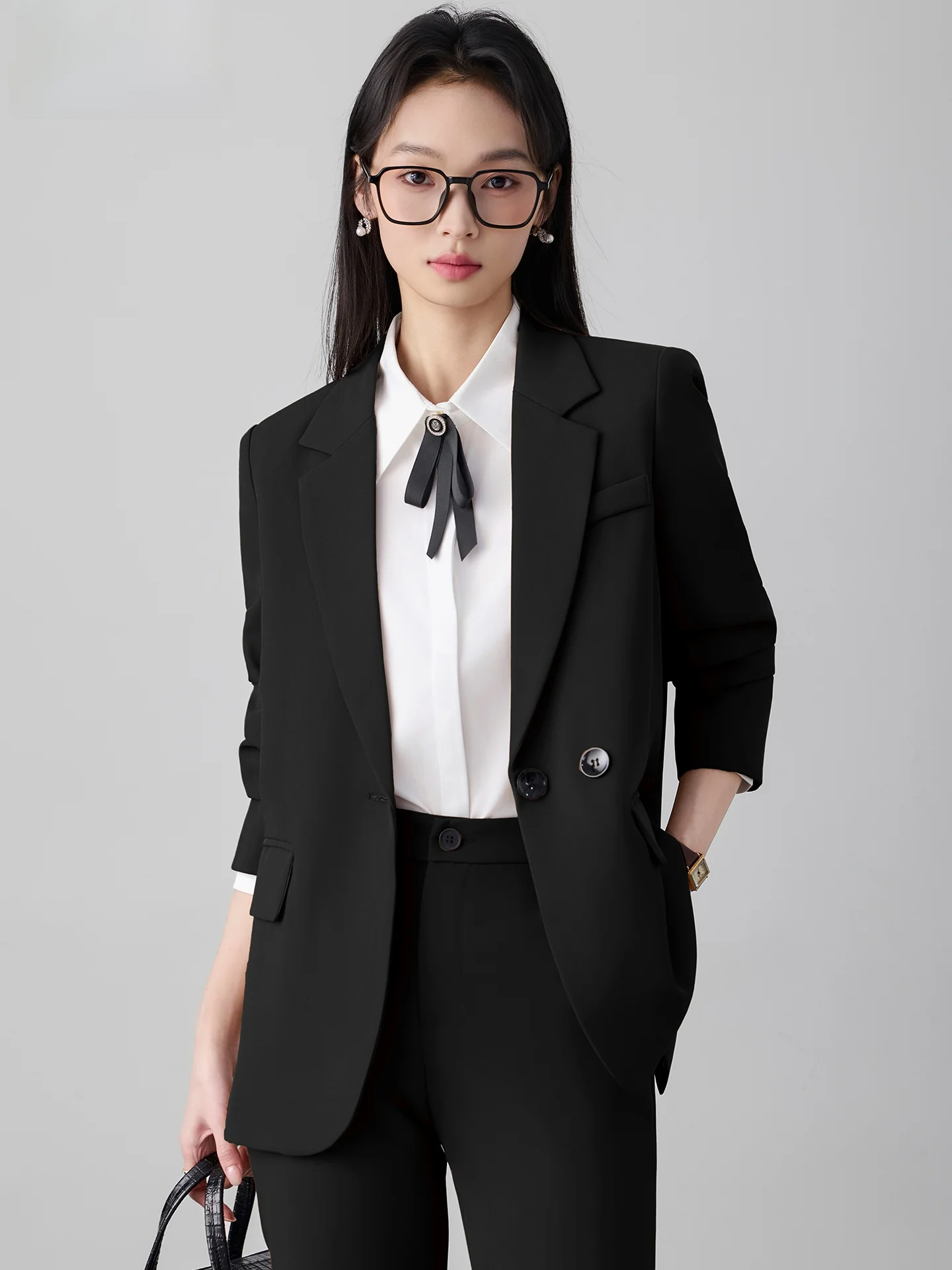 

Женский деловой костюм Ele: пиджак и брюки, комплект для офиса, с воротником-стойкой, на пуговицах, из полиэстера, немнущийся