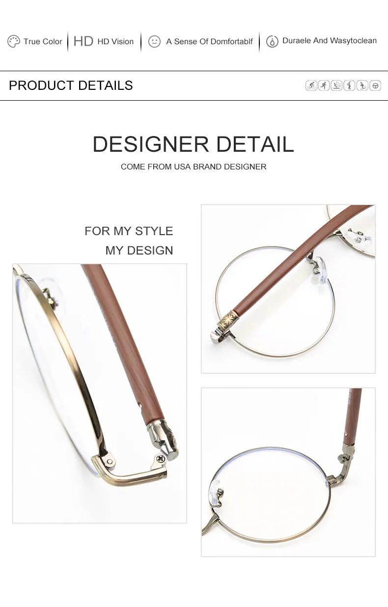 HBK Retro Anti-Blaulicht-Brille für Damen, runder Rahmen, Holzmaserung, Metallrahmen, Herrenmodell mit flachem, leichtem Rahmen, hochwertige Brillen – Detail 4