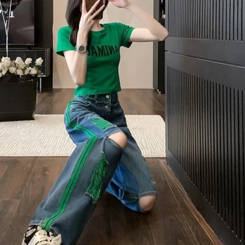 Pantaloni da cowboy femminili Loosefit con stampa Jeans da donna Abiti popolari coreani Baggy Taglia X Larg Designer di lusso in vendita Pantaloni