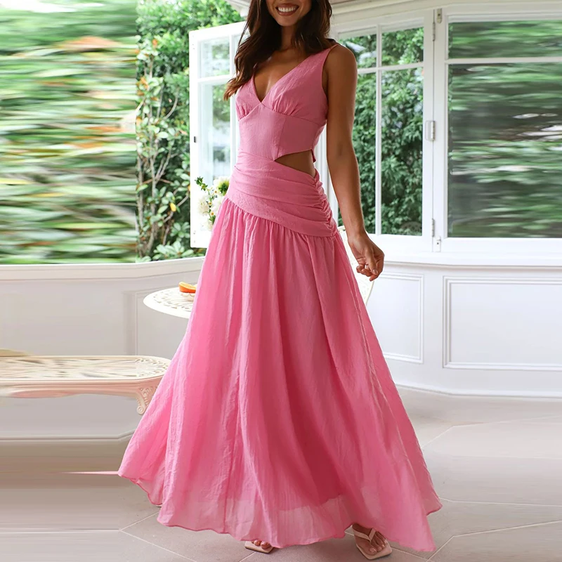 New Summer Casual Sleeveless Pleated Long Dress Fashion Lady V-neck Robe Dress Simple Solid Color Hollow Backless Women\'s Dress