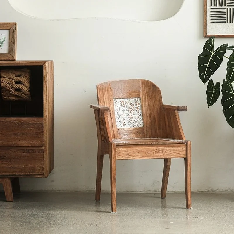 b6 Old Elm Wood Armchair Country Retro Distressed Backrest Chair Living Room Leisure Solid Wood Chair desk decoration