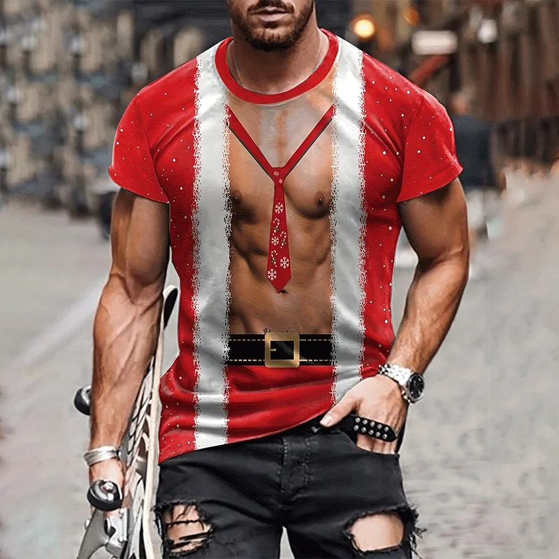 Lustiges Herren-Weihnachts-T-Shirt mit 3D-Muskel-Print, Weihnachtsmann-Anzug, Neuartiges Weihnachts-Party-Kurzarm-T-Shirt mit Rundhalsausschnitt, Verschiedene Stile – Detail 7