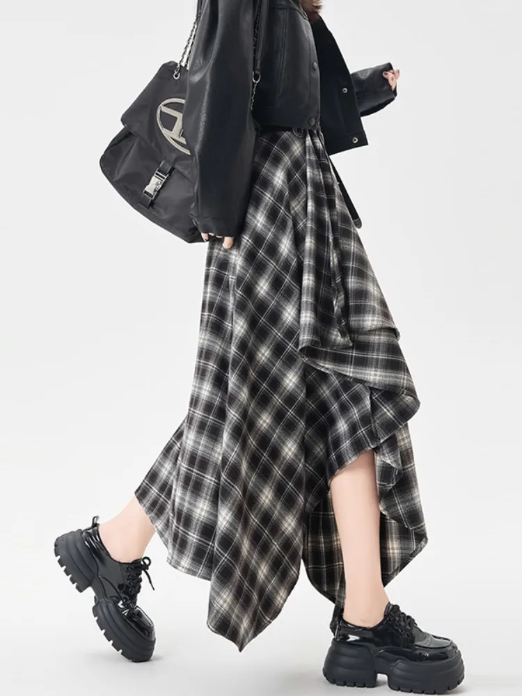 레트로 커피 컬러 체크 무늬 비대칭 A라인 스커트 여성용 가을 겨울 하이웨이스트 슬림 미디 우산 스커트