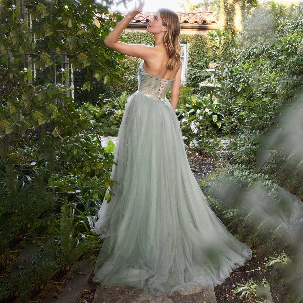 Light Green Strapless Garden Ceremony Ruched Tulle Dress Custom Made Two Tone Lace A Line Soft Mesh Elegant Evening Gowns