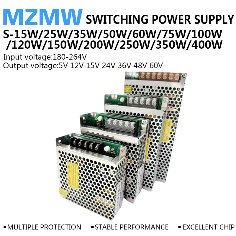 S Series Switching Power Supply 25W 50W 75W 100W 120W 150W 200W 400W 12V 24V 36V 48V 60V 100-240V AC-DC SMPS for LED Strip CCTV