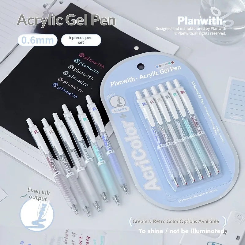 Planwith 6pcs/Set AcriColor Acrylic Acid Color Gel Pens,Soft Cream & Retro Colorful For Journal Scrapbook School Stationery Mark