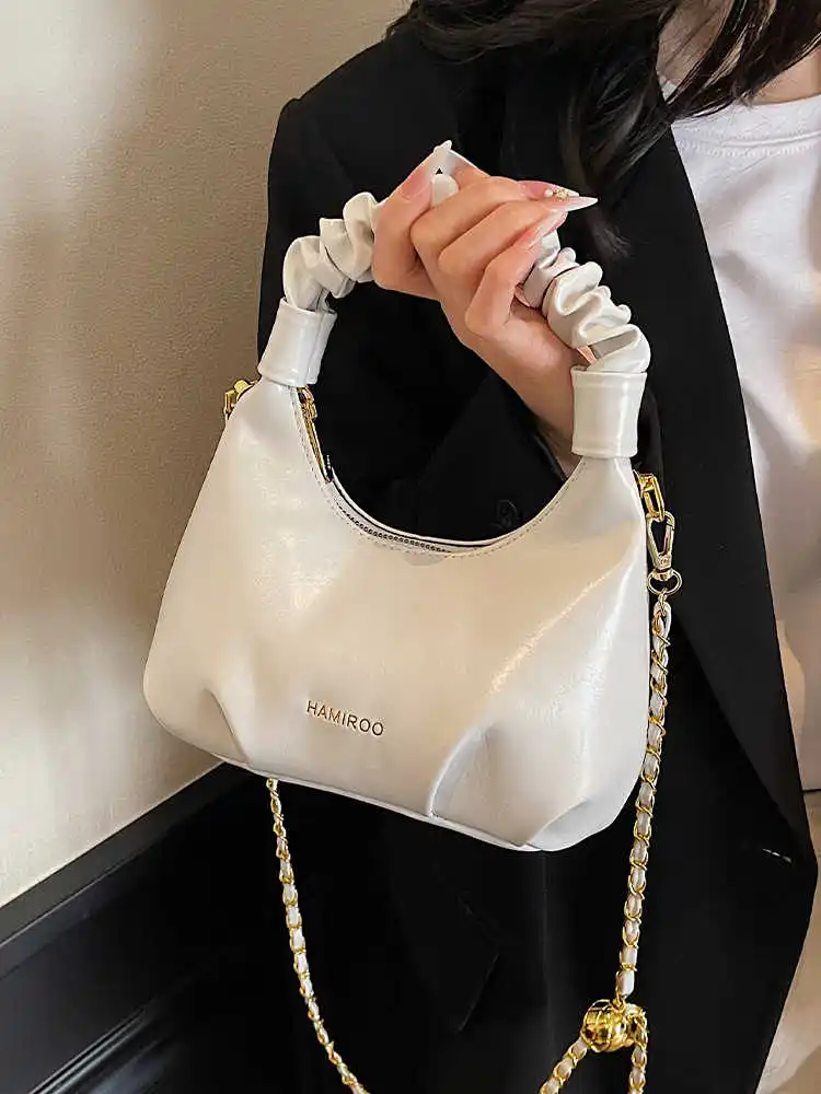 

Korean Women Cross Body Bag Solid Color PU Pleated Hobos Handbags Casual Fashion Girls Adjustable Chain Shoulder Bags