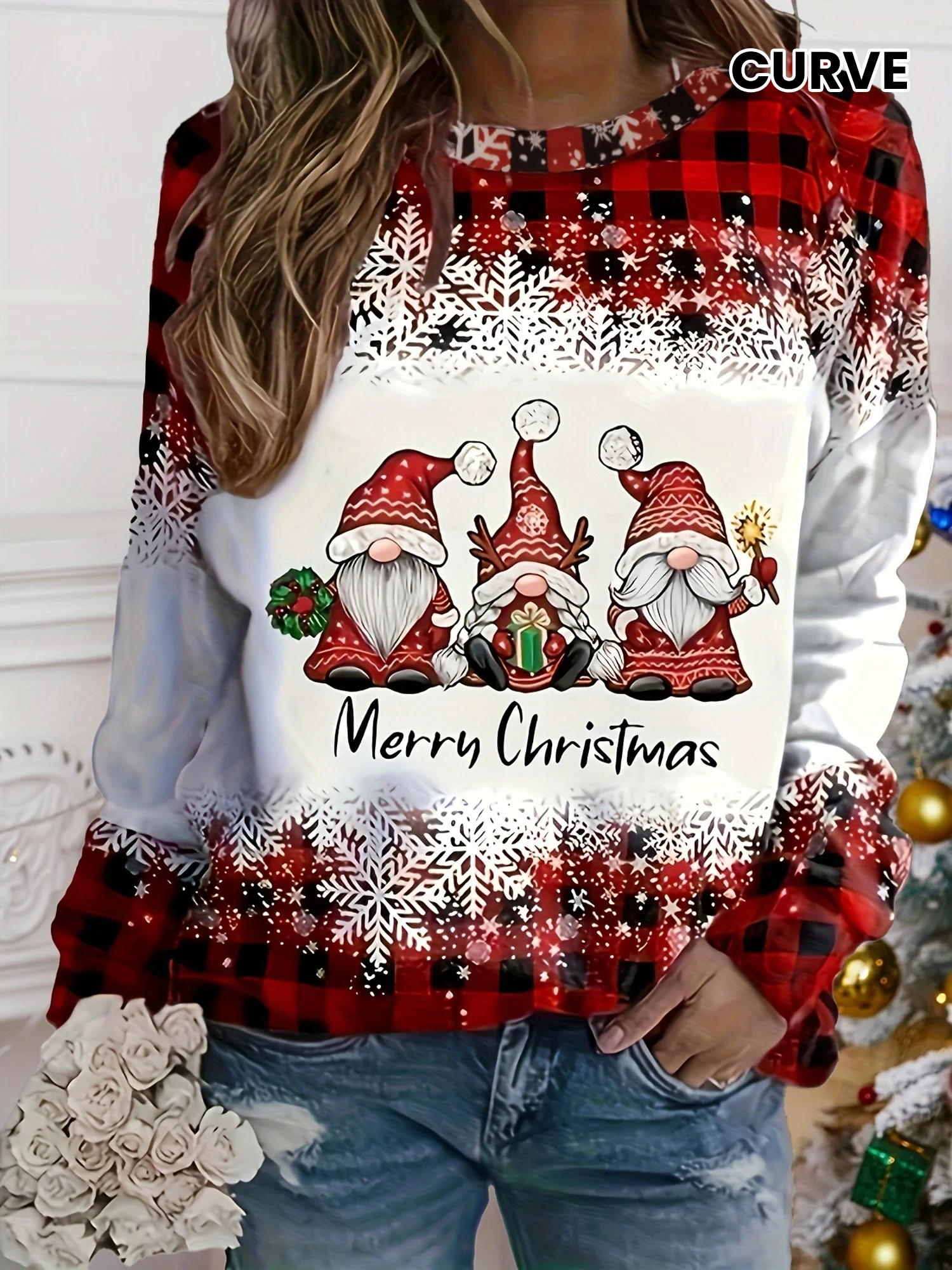 T-shirt à col rond et manches longues pour femmes, imprimé festif de Noël avec gnome, plaid et flocon de neige, vêtements pour femmes pour les fêtes de fin d'année.