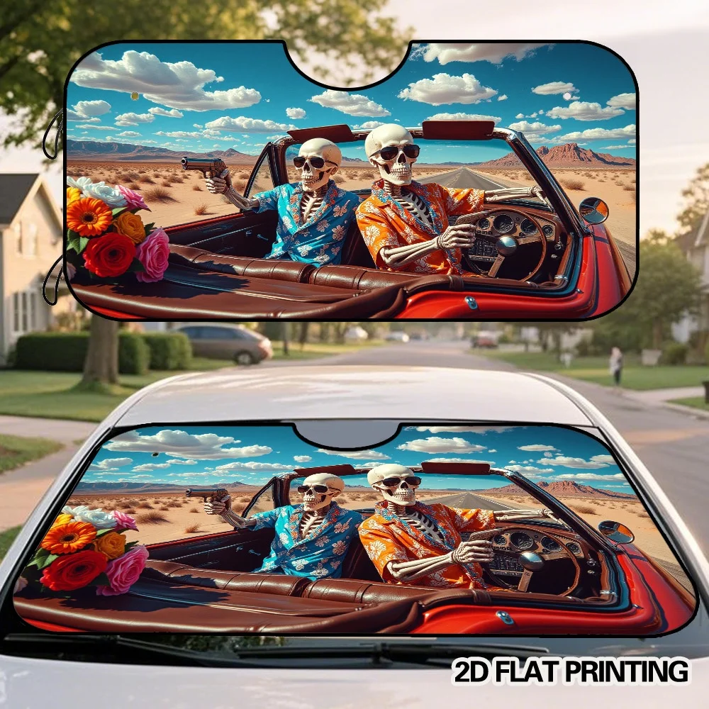 2D Flat Printing, 1pc Skeletons Driving Convertible Pattern Car Windshield Sunshade, Foldable Sun Visor For Front Windshield, Ke