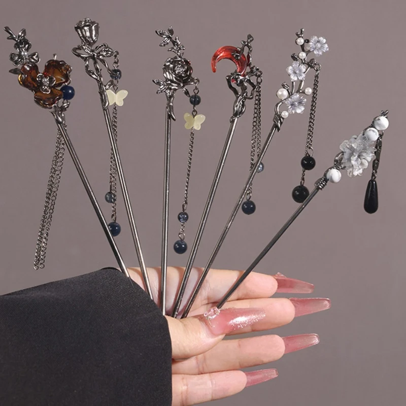 

2025 New Chinese Style Rose Tassel Hairpin with Coiled Hair At The Back of The Head, Ancient Style Design Hanfu Hair Accessories