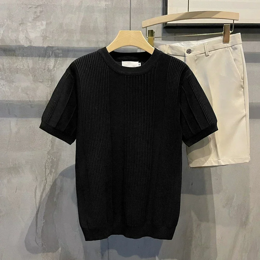 

Black Men's Summer T-Shirt Fashion Casual Tops Clothing Knitted Thin Tee Comfort Fit O Neckline Slight Stretch Fabric