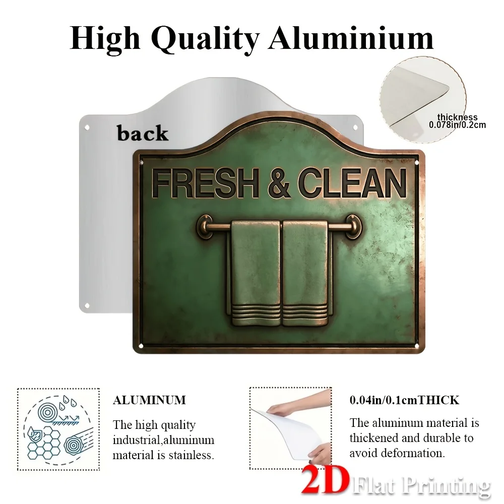 2D Flat Sign Featuring A Vintage Green Design With A 'Fresh & Clean' Towel Motif, Ideal For Decorating Bathrooms, Hotel Lobbies