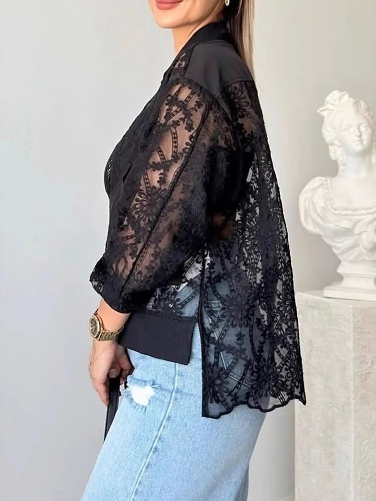 

Spring O Neck Zipper Coat Cardigan Sexy Embroidery Lace Hollow Out Jacket Women Autumn Long Sleeve See Through Top Outwear Mujer