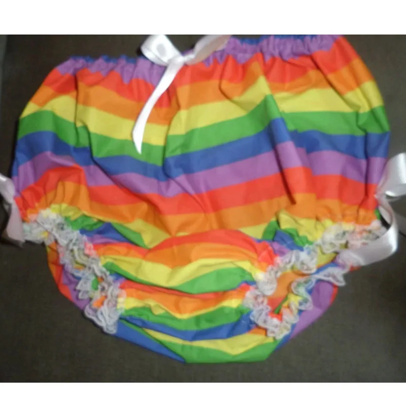 Plus Size Adult Rainbow Stripe White Lace Trim Bows Heart Briefs Cute ABDL Reusable Training Bloomers Soft Comfortablet Panties