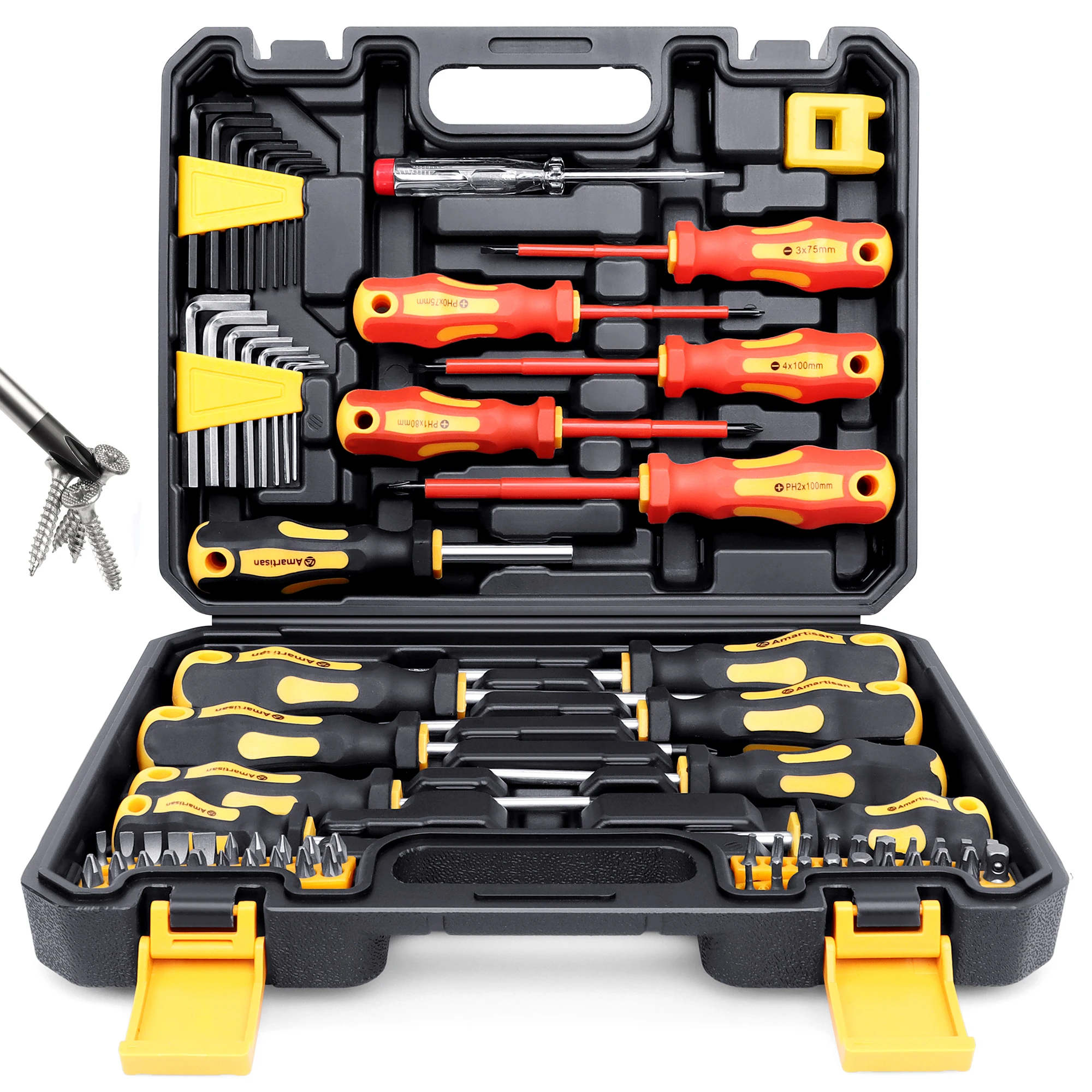 72 piece magnetic screwdriver set includes various drill bits and insulated screwdriver sets