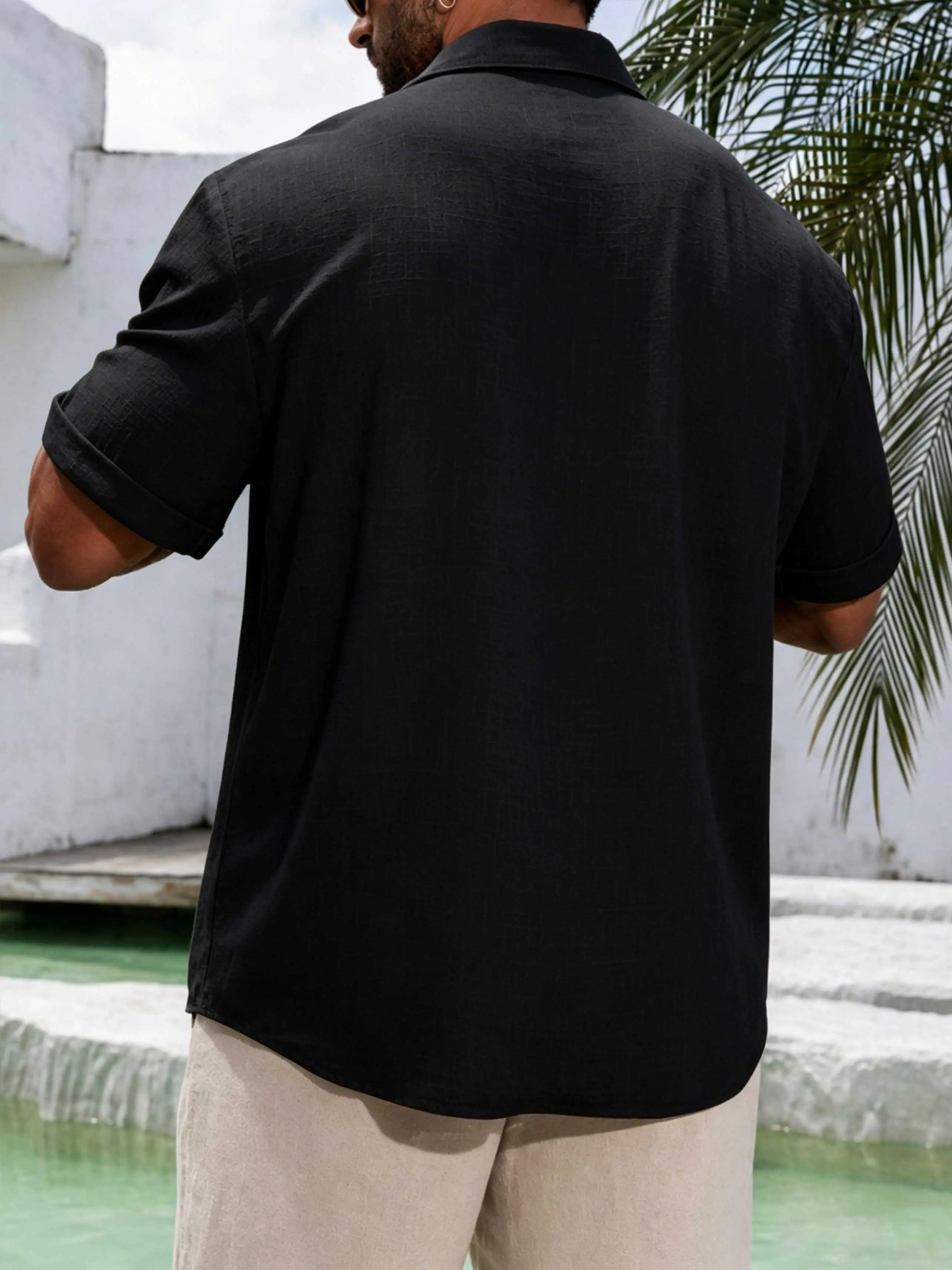 Men's Stand-Collar Short-Sleeved Shirt, Ethnic Style Plant and Flower Embroidered Shirt, Holiday Casual Loose Top
