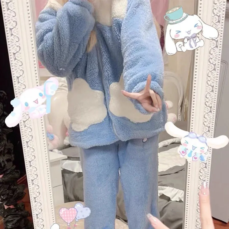 Sanrios Cinnamoroll Pajamas Hooded 2 Pcs Pajama Sets for Women Zipper Warm Cotton Plush Nightgown Thickened Winter Soft Homewear