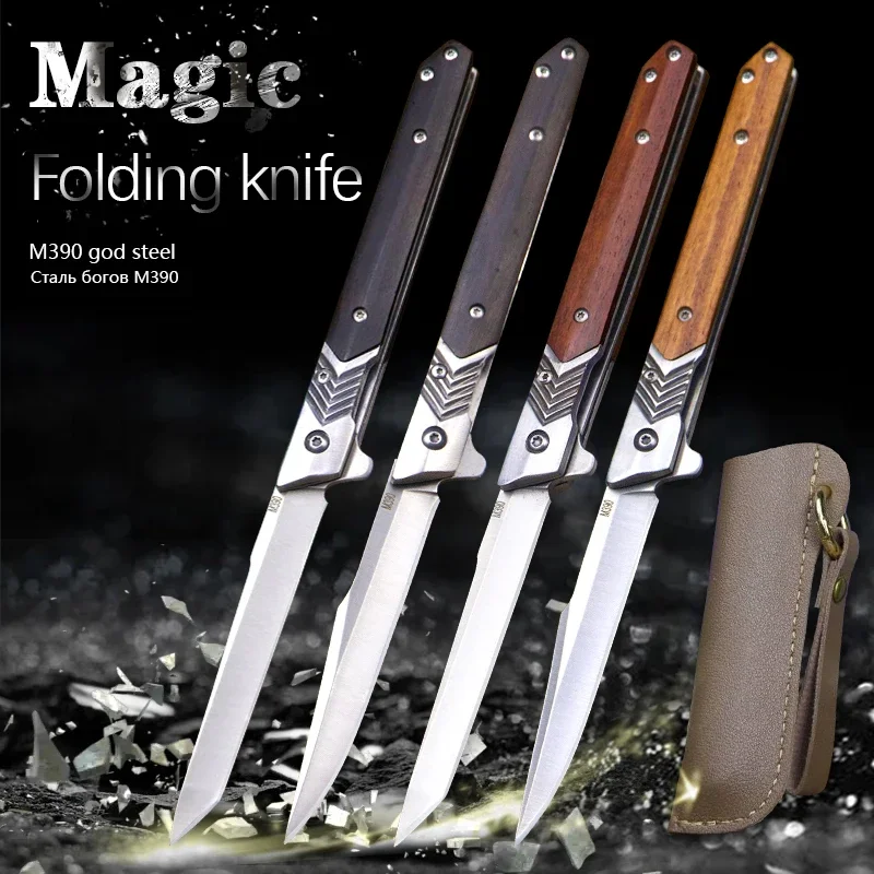 New stainless steel magic pen knife natural wood handle portable folding knife Mini hunting camping knife EDC free leather case