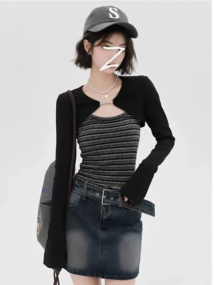 American Style Long Sleeve Splice T-Shirt Women Slim Fit Sweet And Spicy Texture Stripe Patchwork Top for Autumn Season