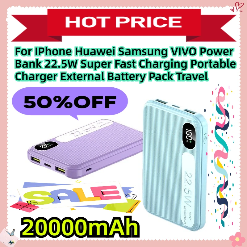 

For IPhone Huawei Samsung VIVO 20000mAh Power Bank 22.5W Super Fast Charging Portable Charger External Battery Pack Travel