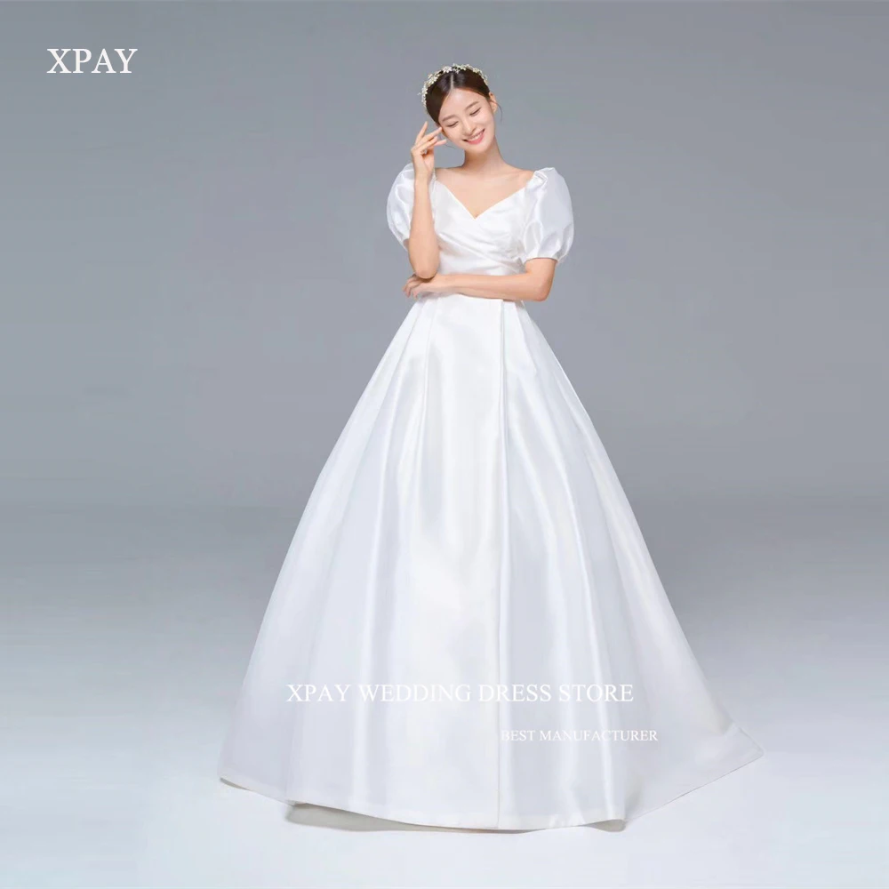 

XPAY 2024 Simple A Line Satin Korea Wedding Dresses Photo shoot Puff Short Sleeves Square Neck Bridal Gowns Corset Back