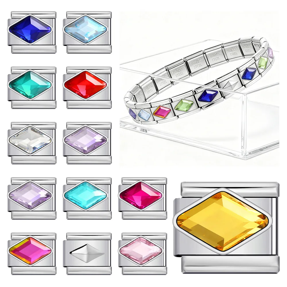 Fashion Colorful Rhombus Shaped Italian Charm Link fit 9mm Stainless Steel Jewelry Making Bracelet DIY Women Daily Wear Gifts
