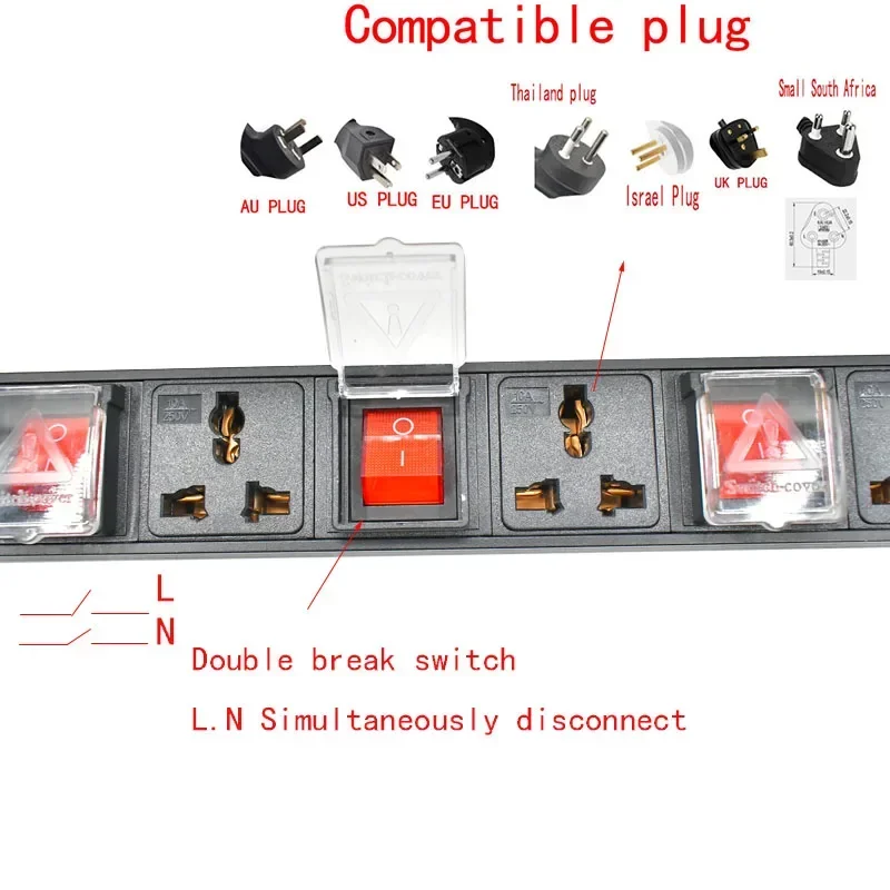 PDU 1U network power strip distribution 16A universal socket circuit breaker EU/UK/US/AU/C20/C14/Israel/plug socket 2m line