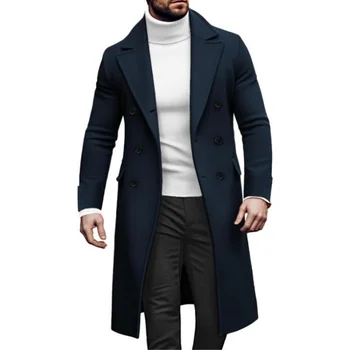 Men's Long Double-Breasted Wool Blend Coat 6 Men Long Double-breasted Coat with Lining Warm Type Coats Wool Blend Lapel Casual Fashion Men's Clothing Eu Size Customized 6
