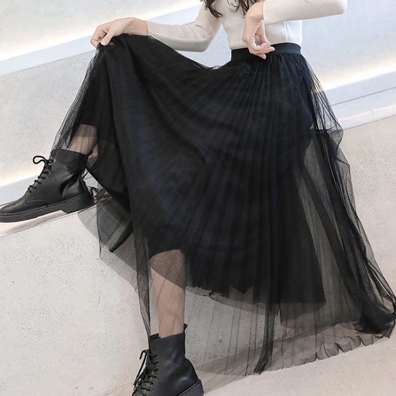 Korean Mesh Long Skirt Women Tulle Fashion Black High Waist Elegant Pleated Skirt Loose Summer Beach Vacation School Lady Dress