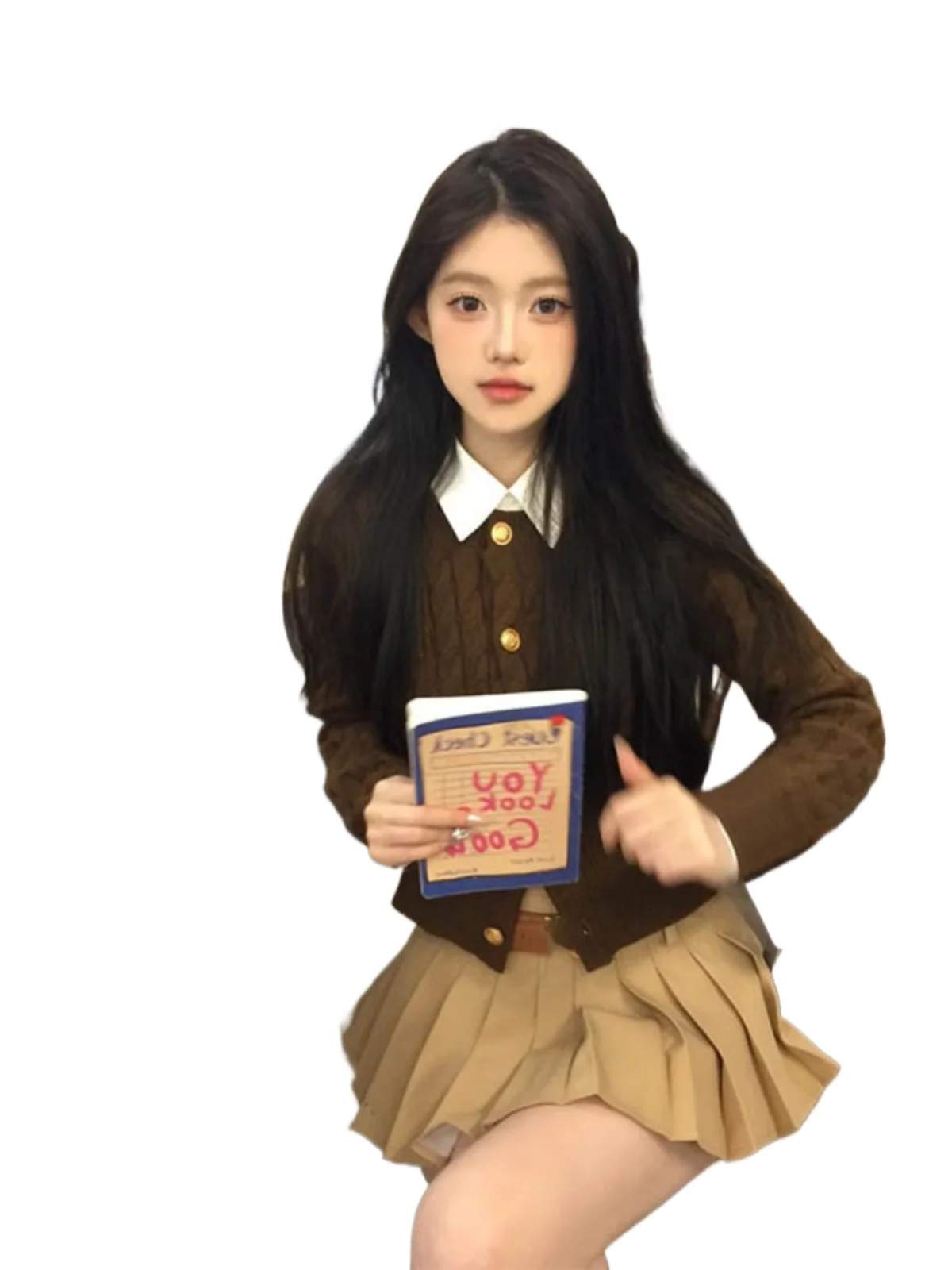 Conjunto de falda de cintura alta con cárdigan y suéter retorcido de punto para mujer Conjunto de dos piezas Faionable College