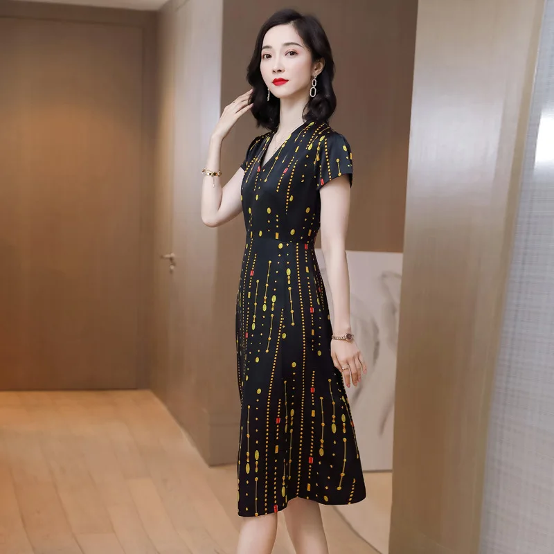 Women summer thin silk dress 2024 new high-end luxury silk printed temperatre lady skirt