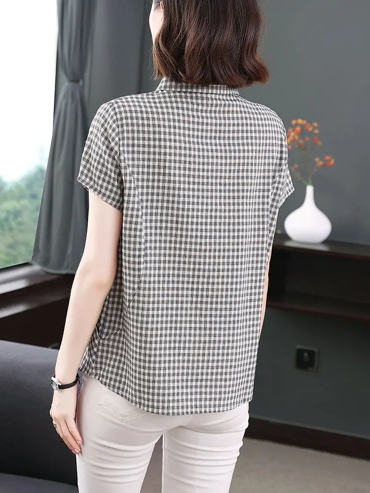 Plaid Shirt Summer New Short-sleeved Pure Cotton Women Fashionable and Loose Top
