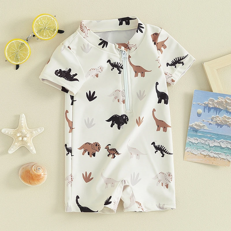 Traje de baño de manga corta con cremallera para niños, traje de baño informal con estampado de árbol y dinosaurio, ropa de playa, Verano