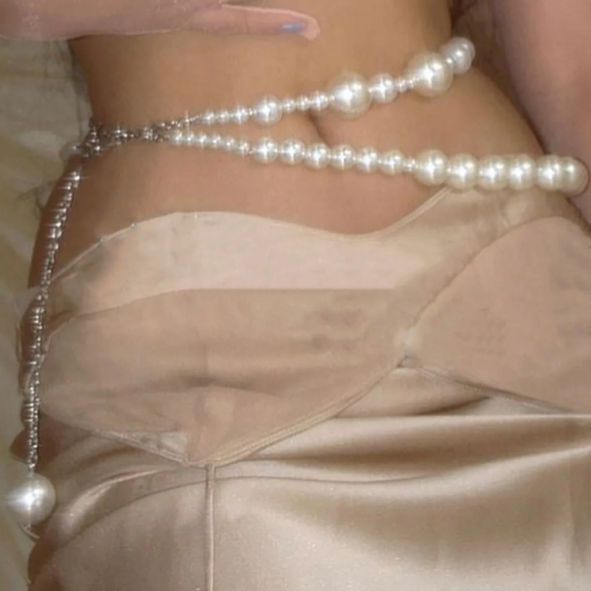 Body Chain Double Layer Faux Pearl Tassel Sexy Vacation Adjustable Sturdy Gunmetal Waist Belt for Women Club Premium