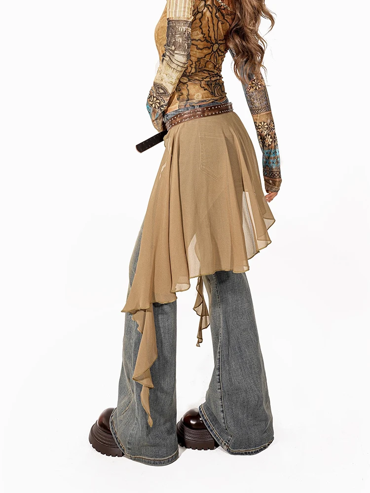 REDDACHiC Uitlopende jeans voor dames met klinknagels Riem Onregelmatige ruches Wikkelrok Zakken Stretch Denim Broek Straat Y2k Bell Bottoms