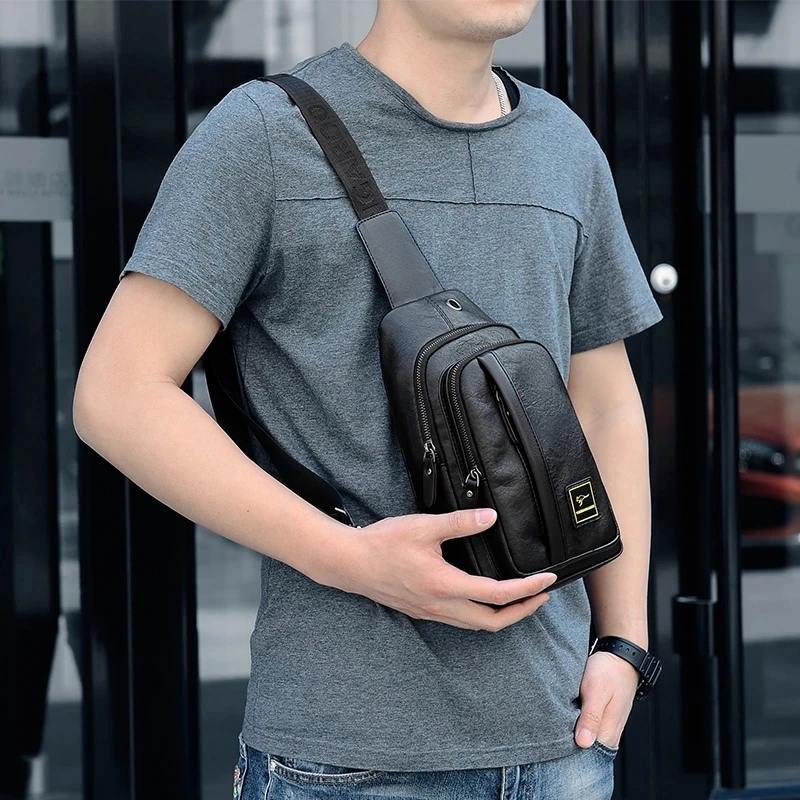 Kangaroo Luxury Brand Chest Bag Men Crossbody Bag Leather Chest Pack USB Charging Travel Sling Bag Messenger Shoulder Bag Male