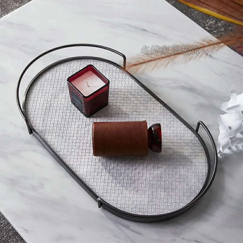 

Light luxury geometric leather oval metal tray model house sales office star ring jewelry storage plate ornament