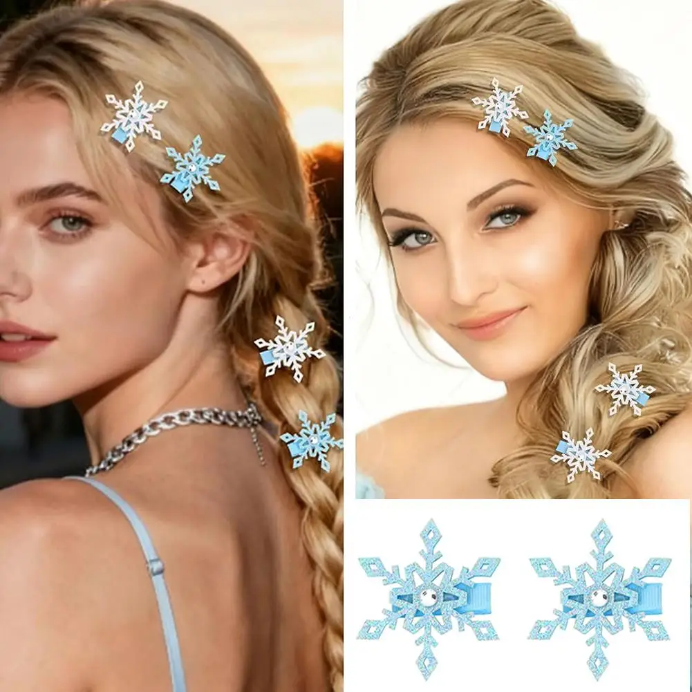 2pcs Winter New Frozen Snowflake Hairpin Children's Hair Clip Elsa Princess Hair Accessory Girl Side BB Clip Pink Blue Silver
