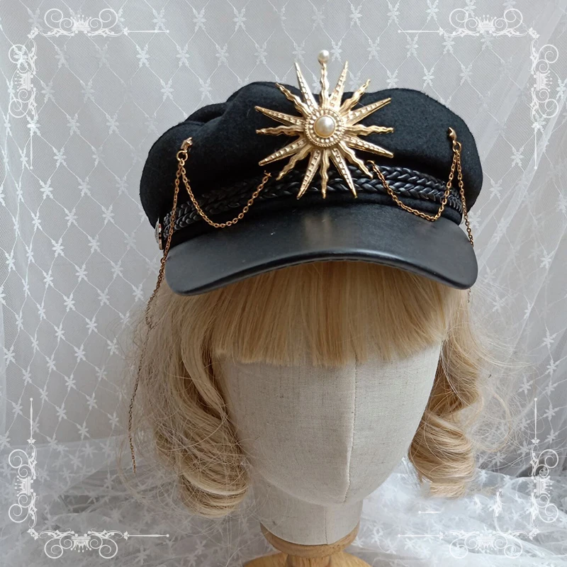 Gothic Military Hat Lolita Sailor Cosplay Harajuku Style Bead Chain Punk Hat Women Girl Sun Cross Black Beret Flat Top Caps