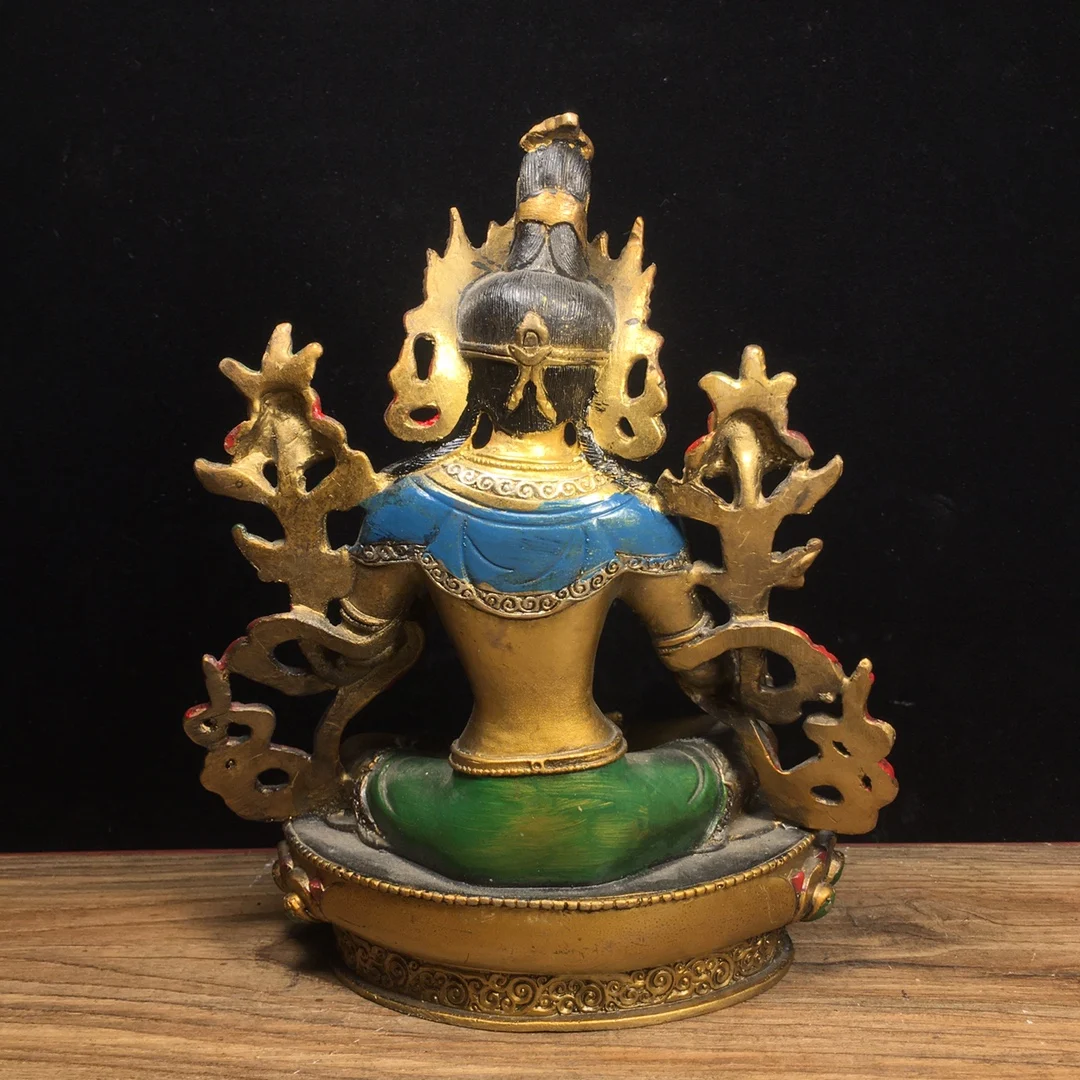 8Old Xizang Folk Collection  Old Bronze Cinnabar Painted Green Tara Sitting Buddha Lotus Terrace Worship Hall Town house
